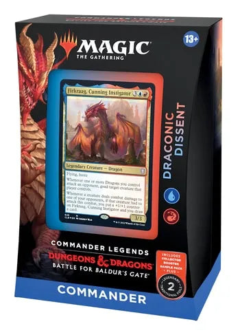 Draconic Dissent — reference deck-box image; printed cards only, packaging and extras not included [merchant-precon-8a4ef2e66620]